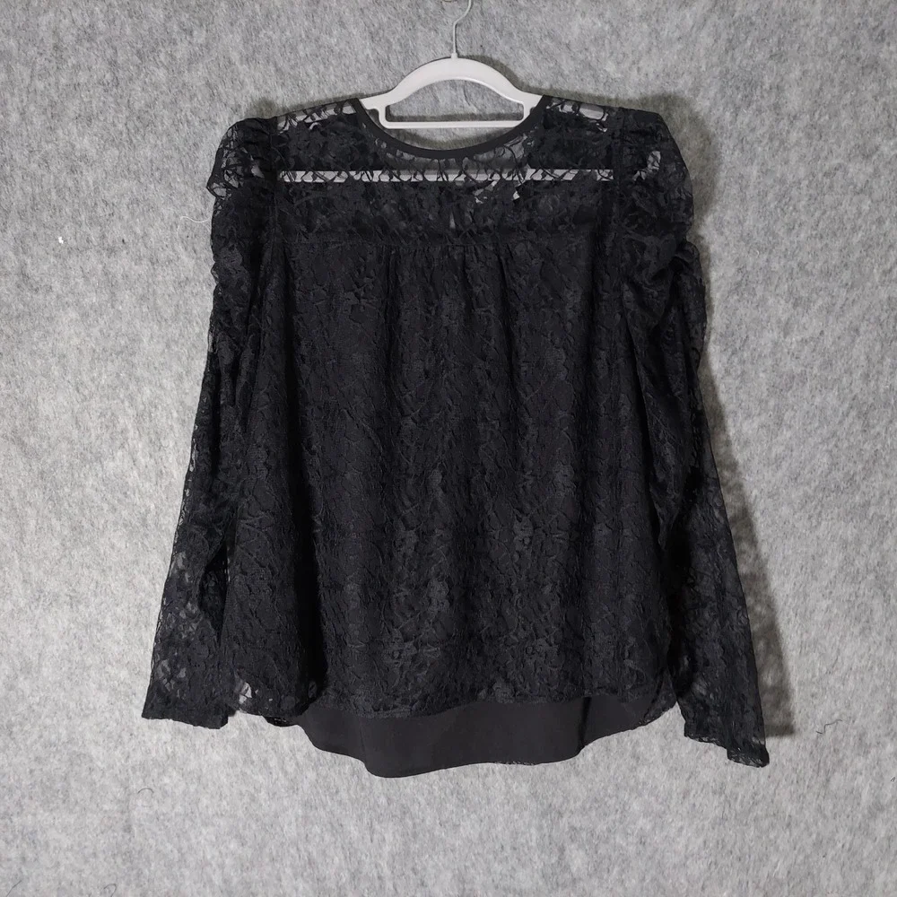 Loft Women Lace Blouse 8 Black Gothic Long Sheer Puff Sleeve Floral lined Top
